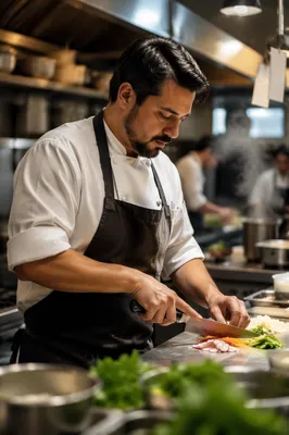 Hispanic Chef Slicing Vegetables in Kitchen