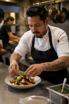 Hispanic Chef Plating Dish in Restaurant Kitchen