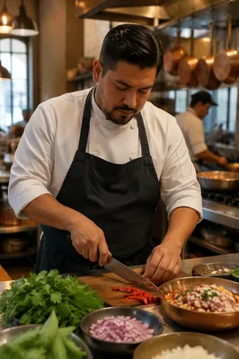 Hispanic Chef Preparing Food in Kitchen