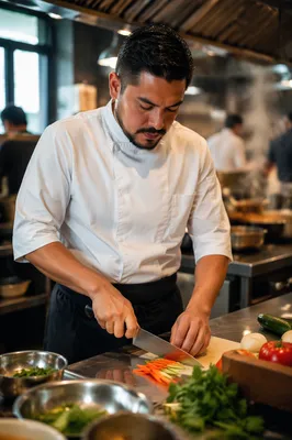 Chef Slicing Vegetables in Restaurant Kitchen