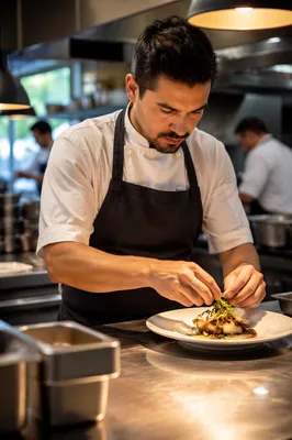 Chef Plating Dish in Restaurant Kitchen