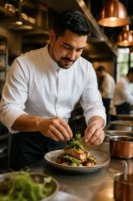 Chef Plating Dish in Restaurant Kitchen