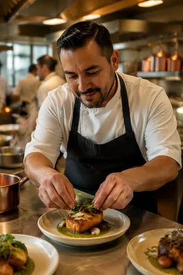 Chef Plating Dish in Busy Kitchen
