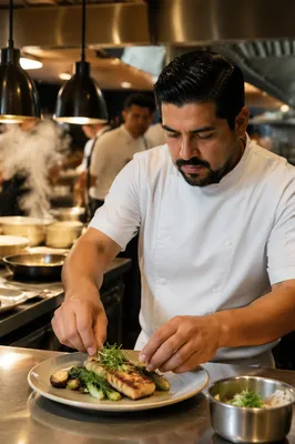 Chef Plating Dish in Restaurant Kitchen