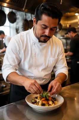 Chef Plating Pasta in Busy Kitchen