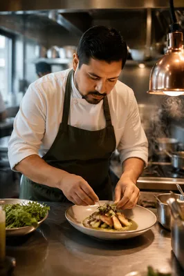 Chef Plating Dish in Restaurant Kitchen