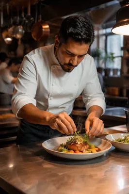 Chef Plating Dish in Restaurant Kitchen