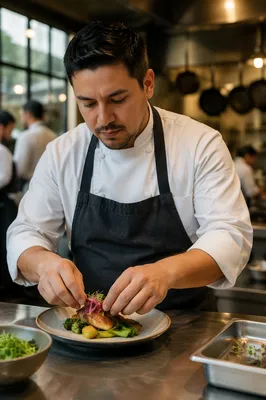 Hispanic Chef Plating Food in Kitchen