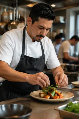 Hispanic Chef Plating Fresh Dish in Kitchen