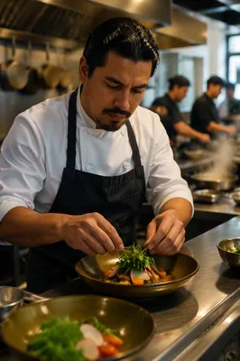 Hispanic Chef Plating Dish in Kitchen