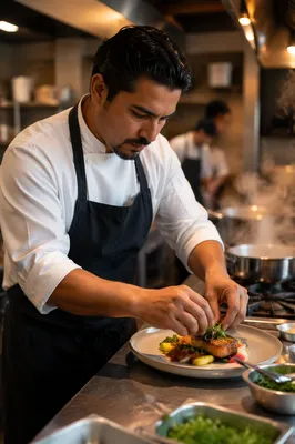 Hispanic Chef Plating Dish in Restaurant Kitchen