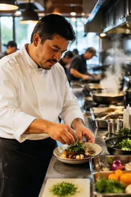 Chef Plating Dish in Restaurant Kitchen
