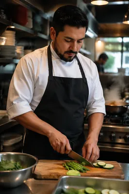 Hispanic Chef Preparing Food in Kitchen