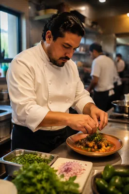 Chef Plating Dish in Busy Kitchen