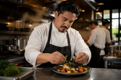 Chef Plating Dish in Restaurant Kitchen