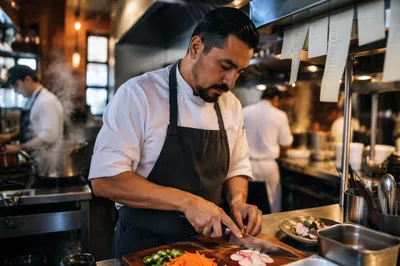 Hispanic Chef Slicing Vegetables in Kitchen