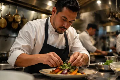 Hispanic Chef Plating Dish in Kitchen