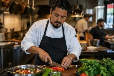 Chef Preparing Vegetables in Busy Kitchen
