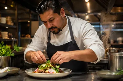 Focused Chef Plating Dish in Kitchen