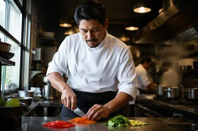 Hispanic Chef Slicing Vegetables in Kitchen