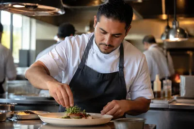 Chef Plating Dish in Restaurant Kitchen