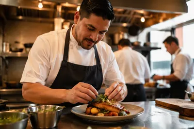 Chef Plating Dish in Restaurant Kitchen