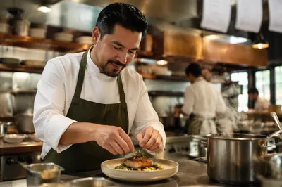 Chef Plating Dish in Busy Kitchen