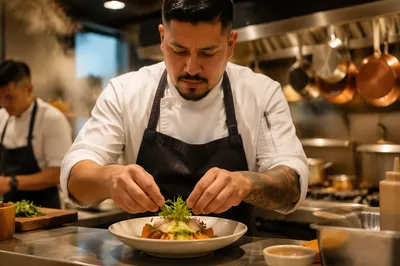 Chef Plating Dish in Restaurant Kitchen