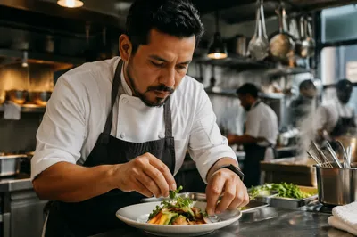 Chef Plating Dish in Restaurant Kitchen