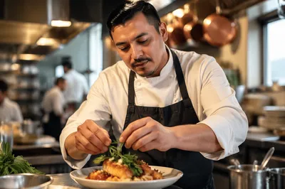Hispanic Chef Plating Dish in Restaurant Kitchen