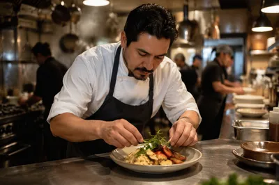 Hispanic Chef Plating Pasta in Kitchen