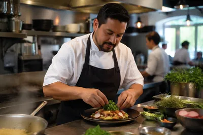 Hispanic Chef Plating Dish in Restaurant Kitchen