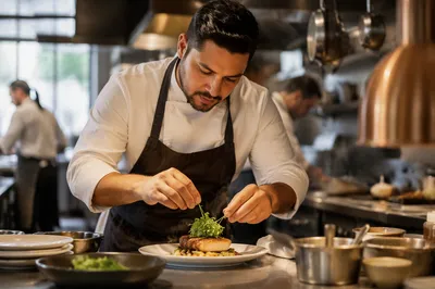 Hispanic Chef Plating Dish in Restaurant Kitchen