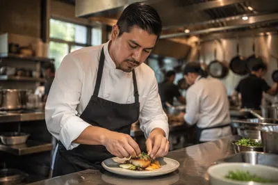 Chef Plating Food in Restaurant Kitchen