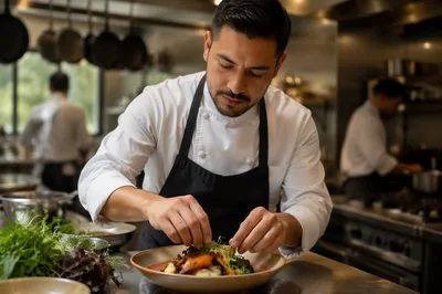 Chef Plating Fresh Dish in Kitchen