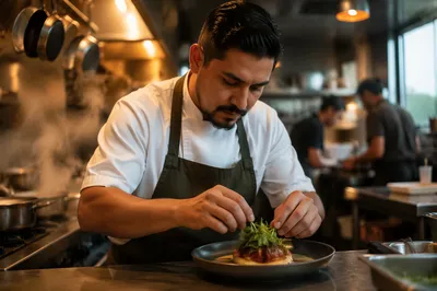 Chef Plating Dish in Busy Kitchen