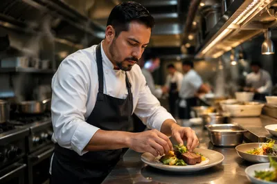 Hispanic Chef Plating Dish in Restaurant Kitchen