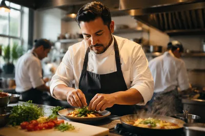 Chef Plating Fresh Dish in Restaurant Kitchen