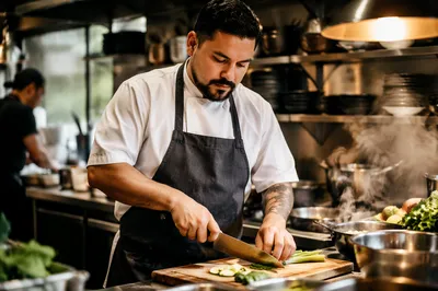 Hispanic Chef Preparing Food in Kitchen