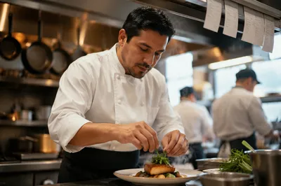 Hispanic Chef Plating Dish in Kitchen