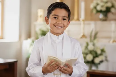 Smiling Child in White Communion Attire