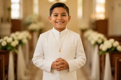 Smiling Child in White Ceremony Outfit