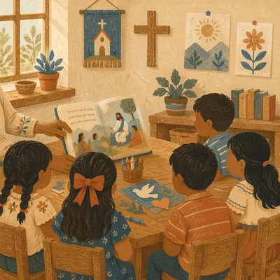 Hispanic Children Gathering for Sunday Bible Story