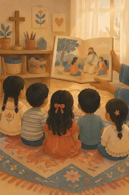 Hispanic Children Listening to Bible Story