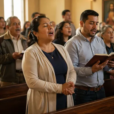 Hispanic Congregation Singing in Sunlit Chapel