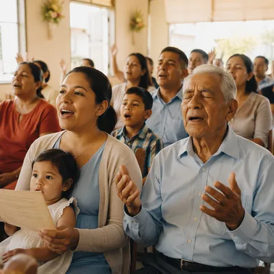 Hispanic Church Congregation Singing in Sunlight