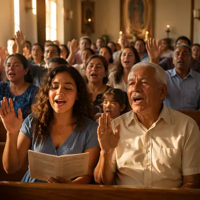 Hispanic Congregation Singing in Sunlit Chapel