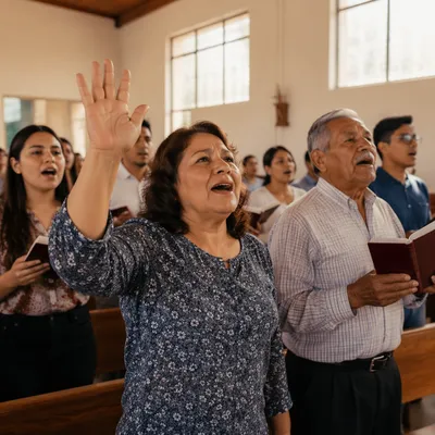 Hispanic Congregation Singing in Bright Chapel