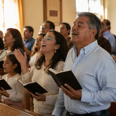 Hispanic Congregation Singing in Sunlit Chapel