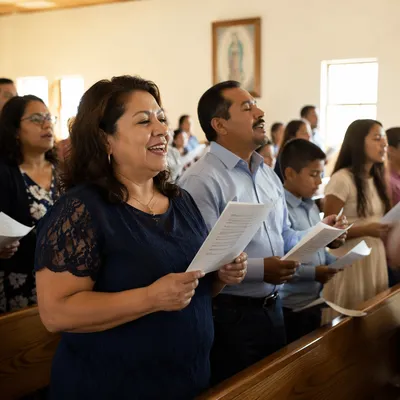 Hispanic Congregation Singing in Sunlit Sanctuary